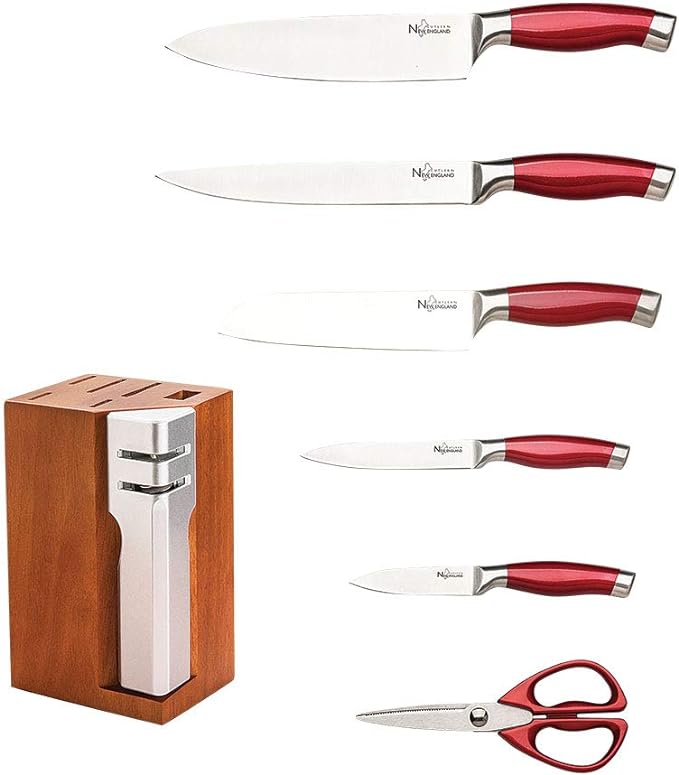 New England Cutlery 7- Piece Knife Block Set with Sharpener - Red