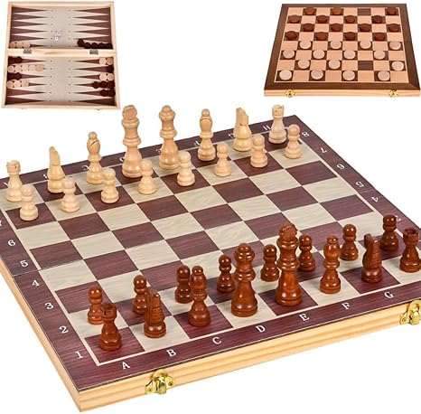 Chess Board Sets, 12 Inch Wooden Chess Set for Adults & Kids, 3 in 1 Chess Checkers Backgammon Board Game, Handmade Folding Chess Boards with 2 Extra Queens