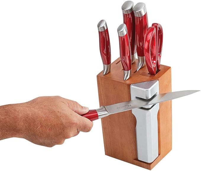 New England Cutlery 7- Piece Knife Block Set with Sharpener - Red