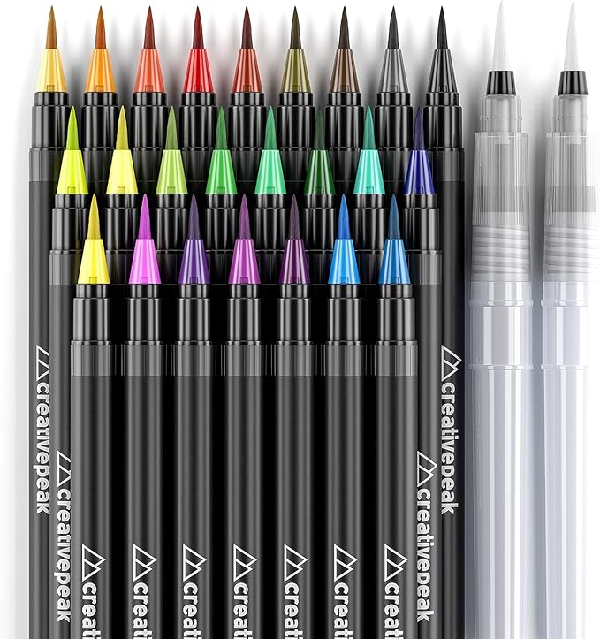 Creativepeak Watercolor Brush Pens - 24 Vibrant Coloring Pens & 2 Blending Brushes - Premium Quality Art Supplies Featuring Soft, Real Tip - Perfect for Calligraphy, Lettering, Adult Coloring