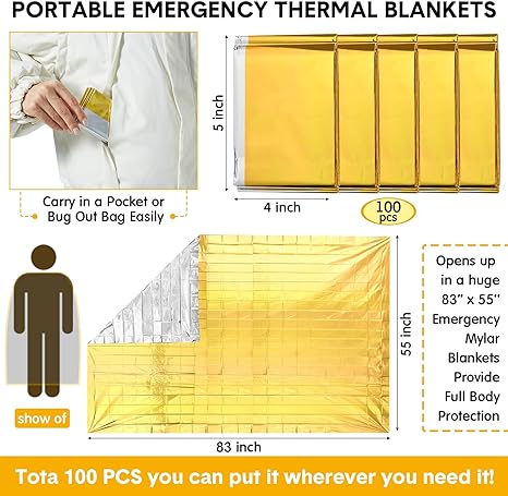 Single Use Emergency Rescue Blanket 1pcs Emergency Blankets for Survival Bulk 83 x 55 in Emergency Thermal Space Blanket Foil Blankets Waterproof Survival Blanket Handy for Survival Kit First Aid Emergency Supply Silver Gold