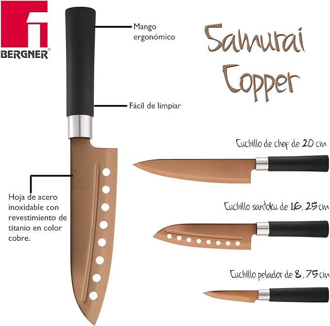 KNIVES Bergner Set of 3 Stainless Steel Kitchen Knives Samurai Copper Collection