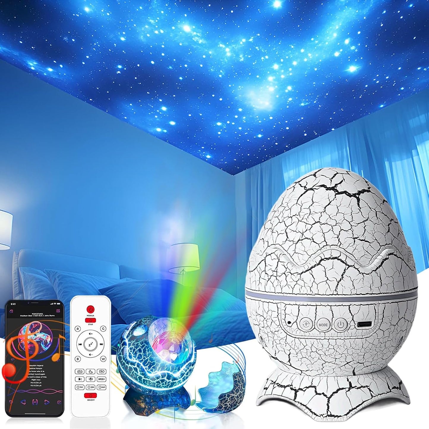 Dinosaur Egg Galaxy Star Projector Starry Light With Wireless Music Player, 14 Colors Night Light With White Noise, Nebula, Timer & Remote Control For Christmas Gift, Party, Room Adults Home Theater Living Room Deco