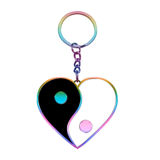 Stainless Steel Key Chain Yin-yang Black White and Heart, Small Gifts for Women Teen Girls  Lovers. FKEY143