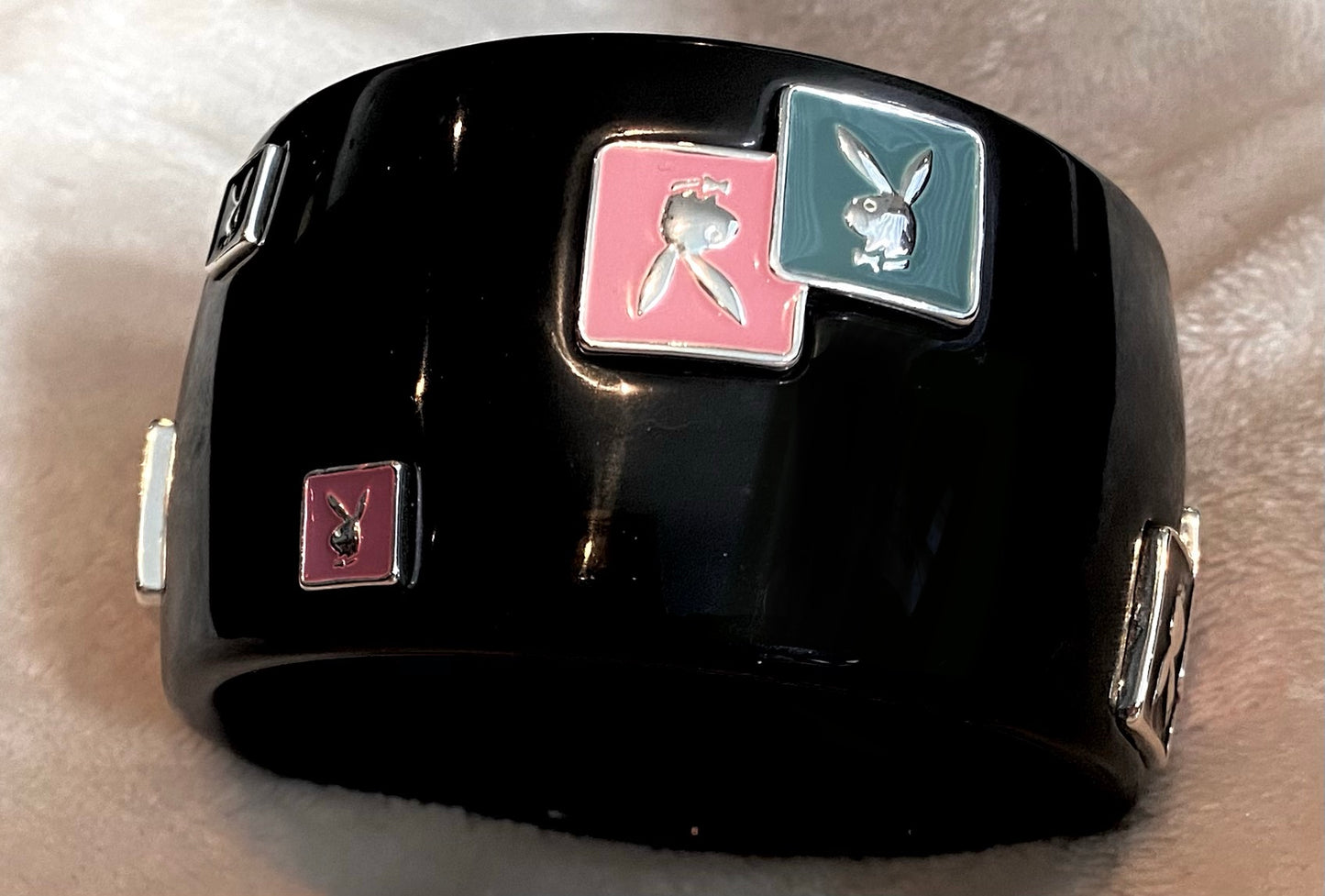 Playboy Bunny 1.75" Wide Bangle Bracelet - Pink w/ enameled metal plaques