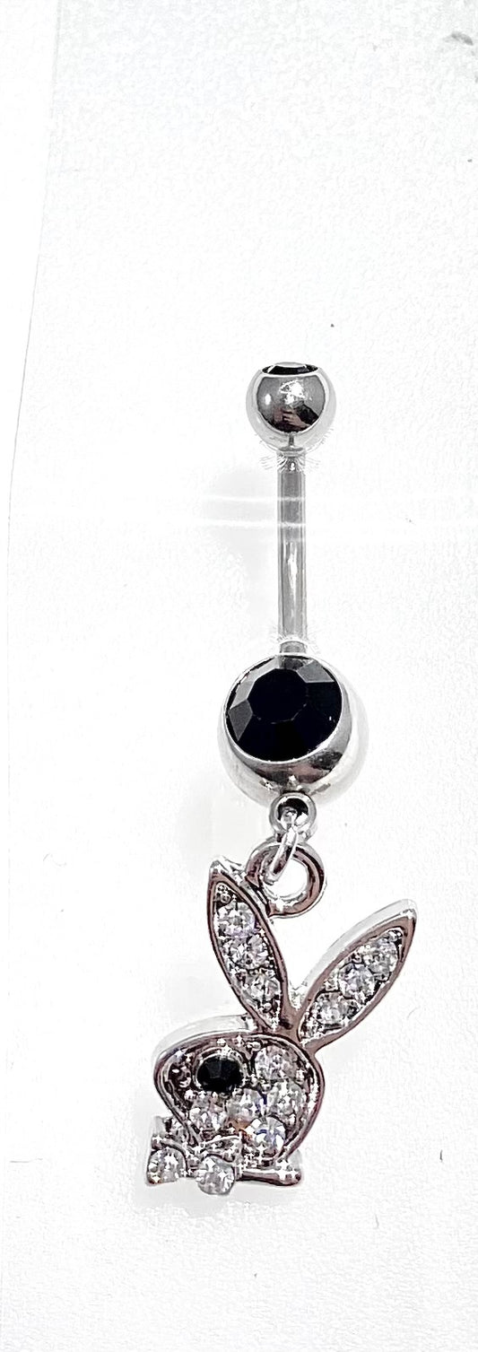 Playboy Belly Ring Hanging Bunny Heads with Black Crystals