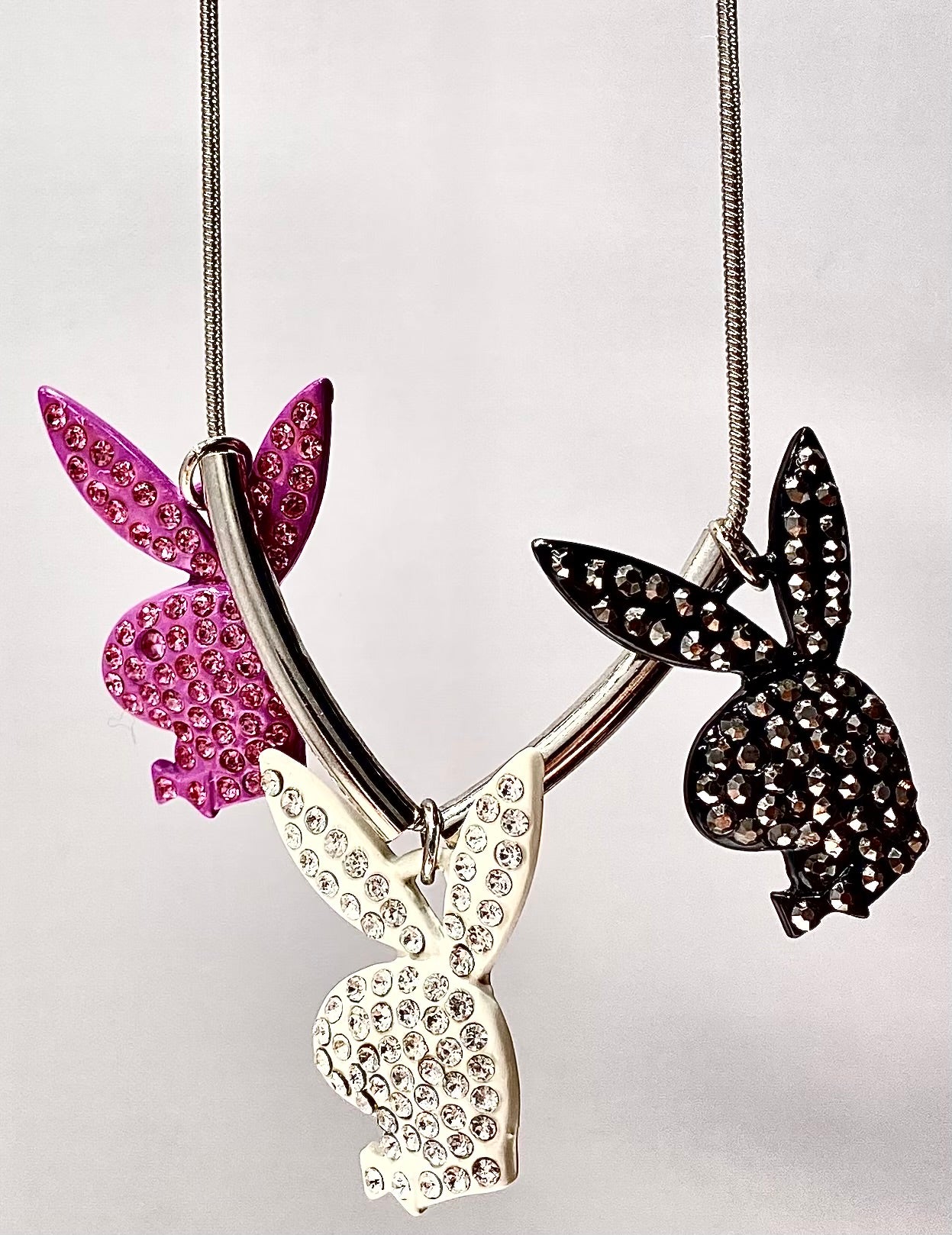 Playboy Crystal Bunny Heads in Pink White Black Charm Necklace