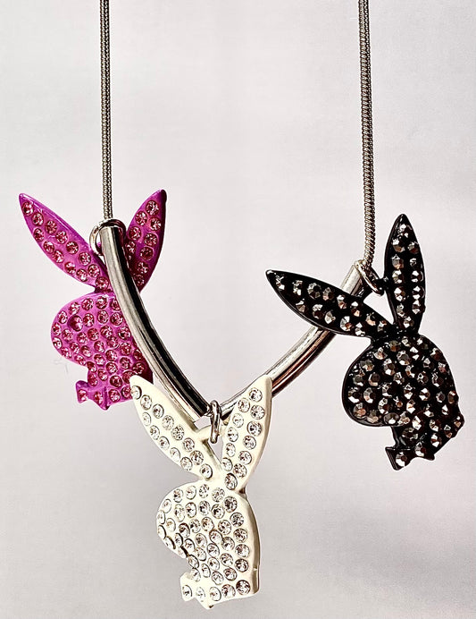 Playboy Crystal Bunny Heads in Pink White Black Charm Necklace