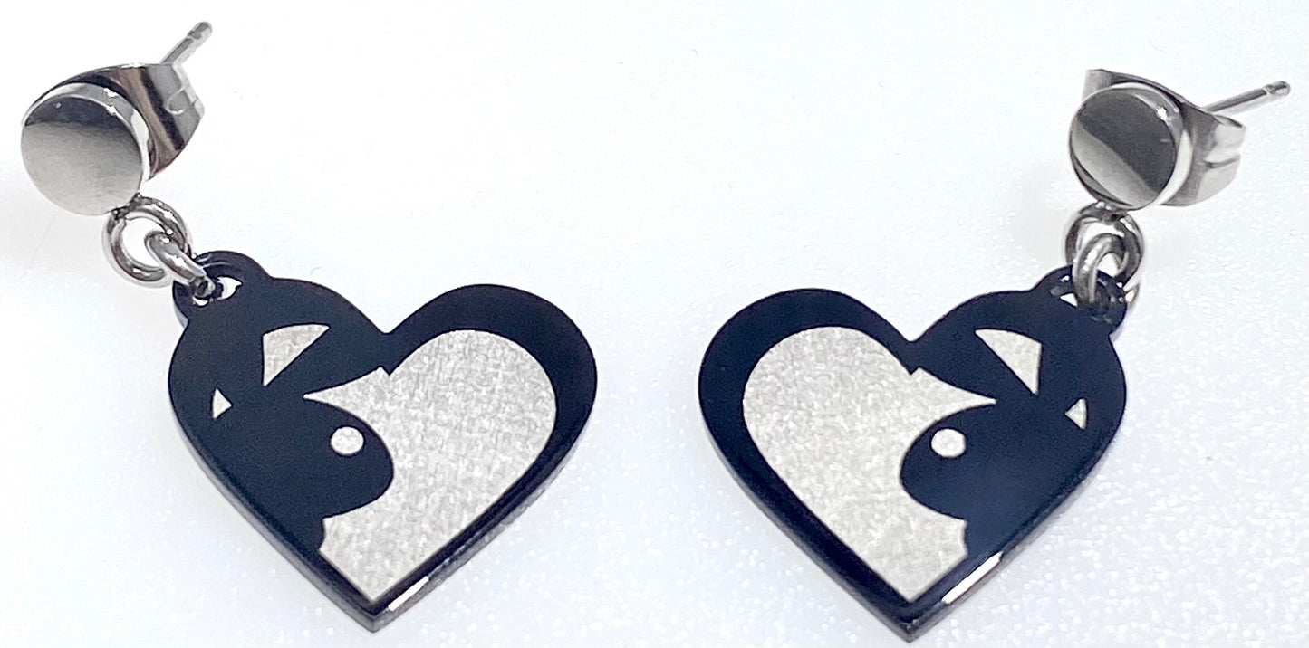 PLAYBOY DANGLING  EARRING BLACK AND GRAY HEARTS