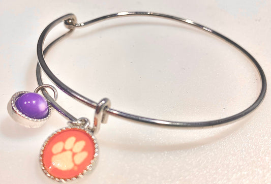 FASHION JEWELRY Purple stone and Bears paw Charms on Bangle Bracelet Wire