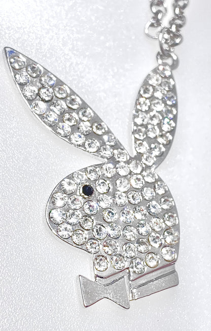 Playboy Bunny Head set in white Crystals & Black Crystal Eye on a open Curb Link w/Extender 16" plus 2"