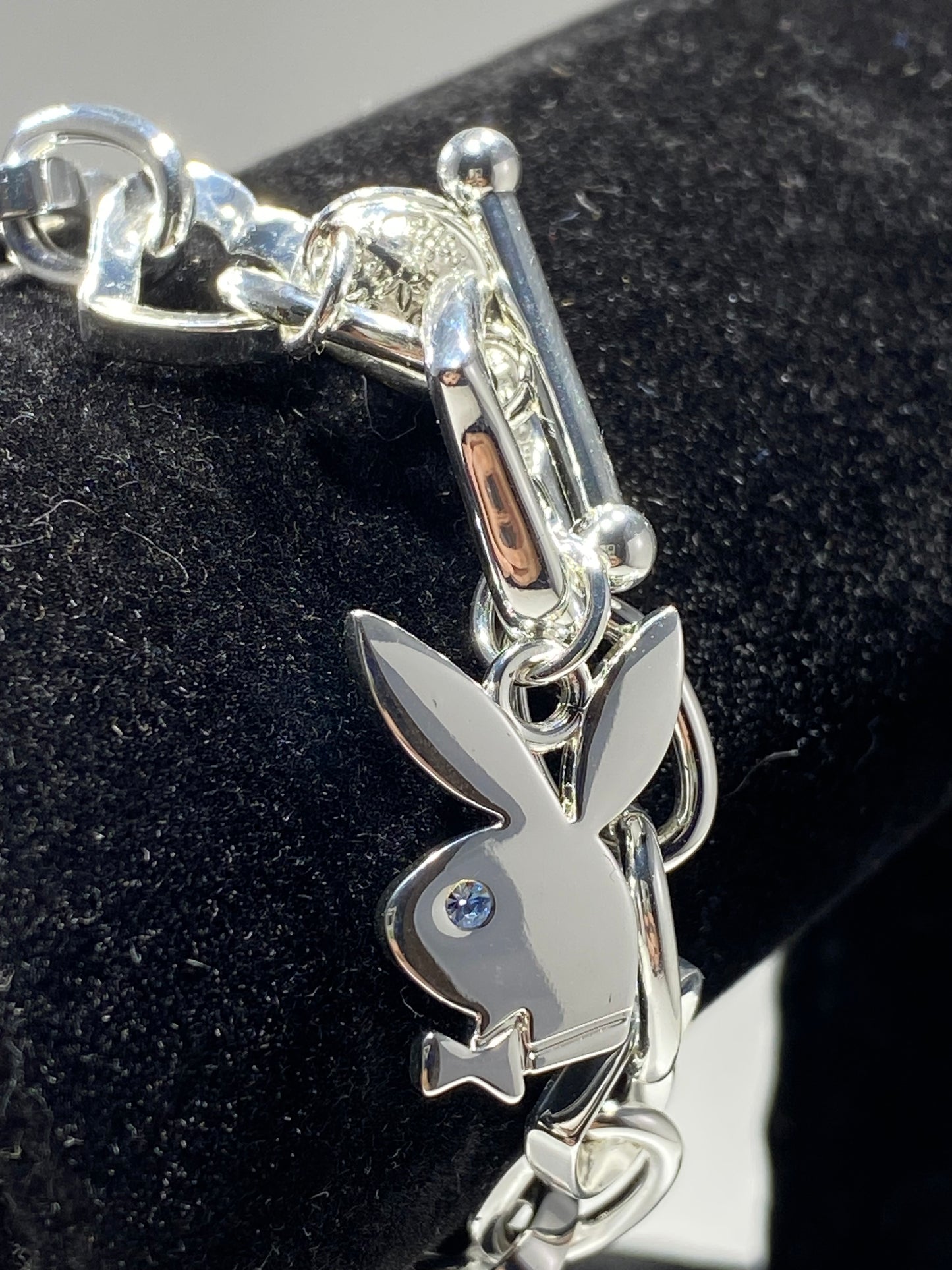 Playboy Necklace Playboy Crystals Bunny with Heart and Open Heart Link and Key Head on a Toggle Lock