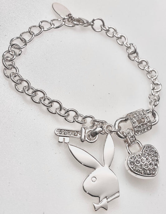 Playboy Bracelet Playboy Crystals Heart and Key with Bunny Head on a Toggle Lock