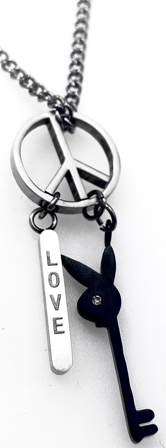 PLAYBOY NECKLACE PEACE SIGN LOVE BAR and BLACK PLAYBOY KEY