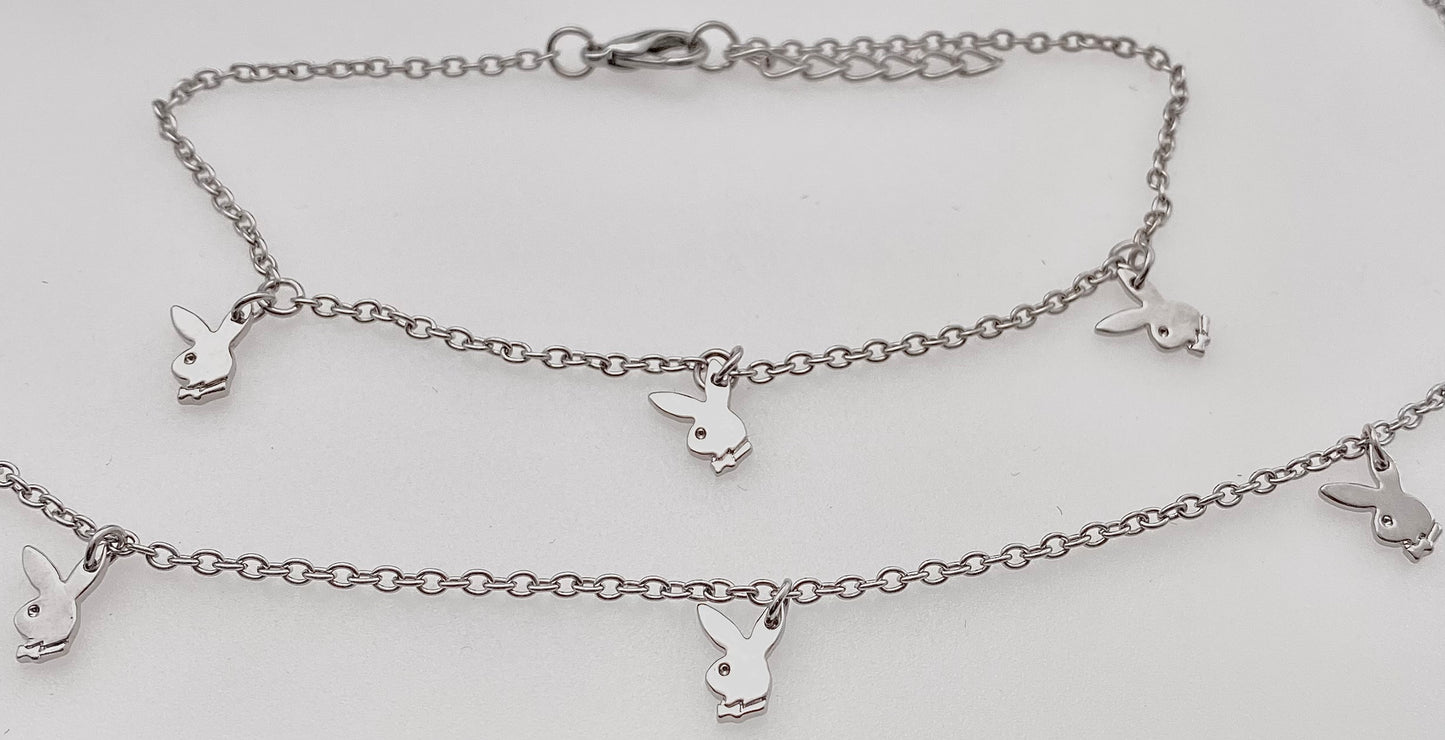 Playboy Jewelry Set Bunny Necklace, Bracelet with Charm and Chain, both are Adjustable.