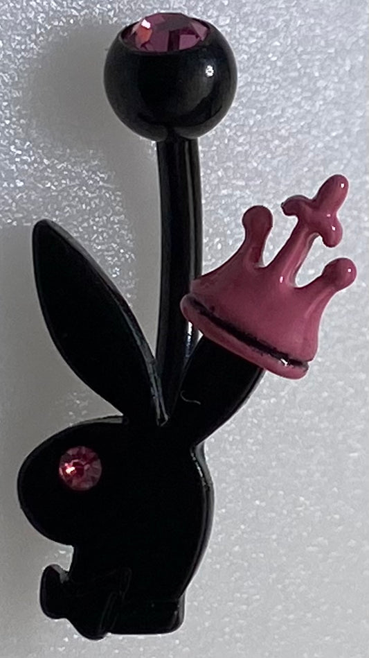 Playboy Jewelry Navel Ring Black Bunny Heads with Crown Pink Crystals