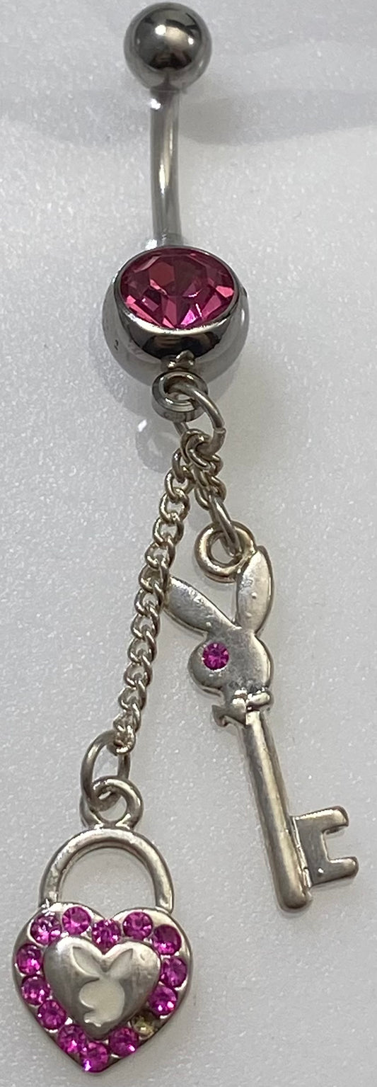 Playboy Jewelry Navel Ring Bunny Key and Lock Pink Colored Crystals