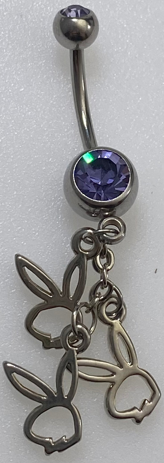 Playboy Jewelry Surgical Steel Navel Ring with Multi Gems Colors 3 open Bunny Heads
