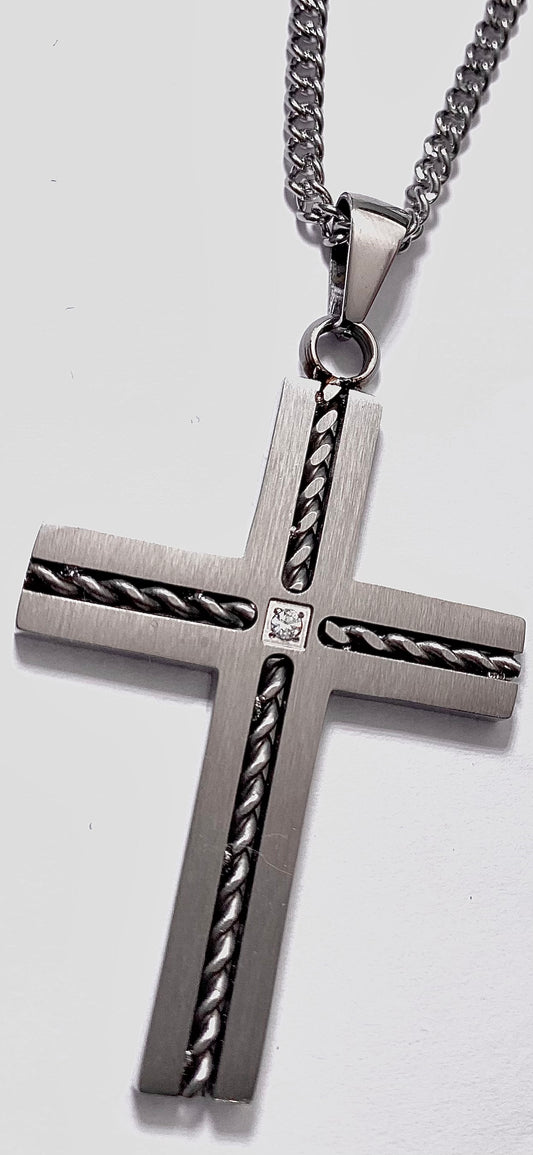 JEWLRY FASHION .01 ct DIAMOND ACCENT BLABK RHODIUM ROPE CROSS with 24" CURB CROSS IS 2.50 inch