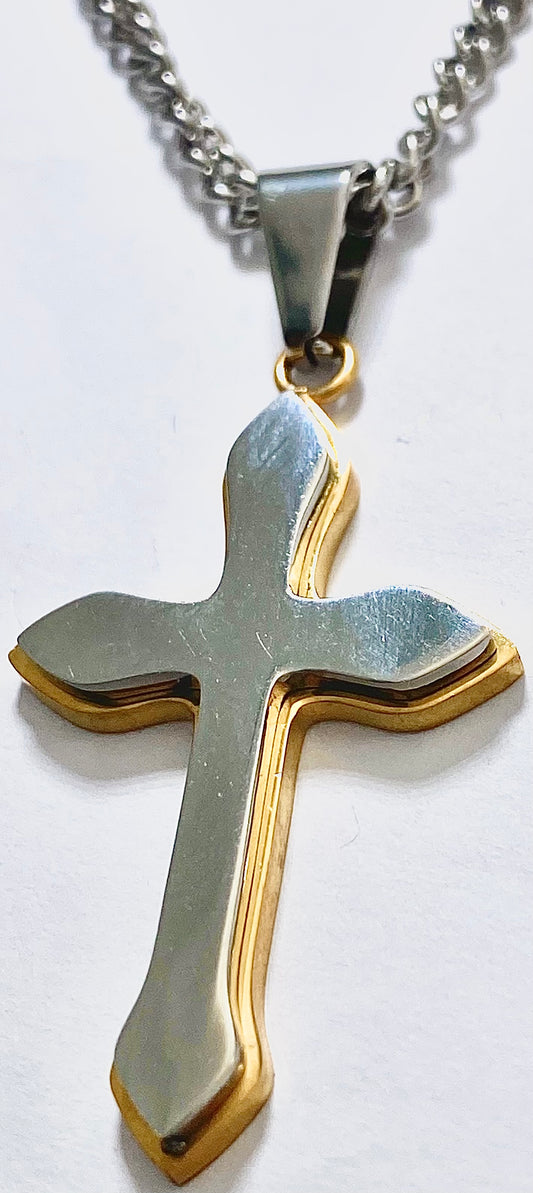 JEWLRY FASHION STST SILVER YELLOW OR BLUE IP CROSS PENDANT with 24" CURB CHAIN