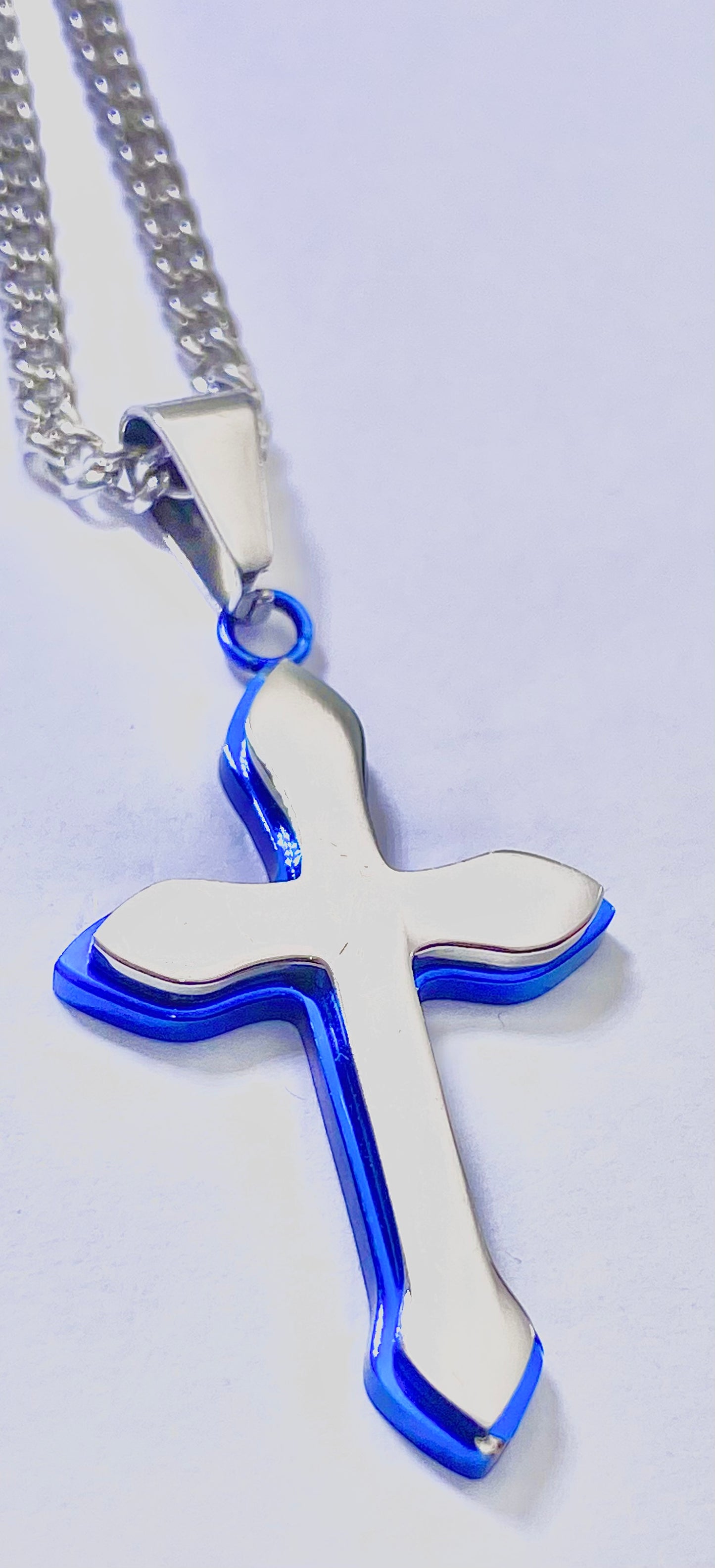 JEWLRY FASHION STST SILVER YELLOW OR BLUE IP CROSS PENDANT with 24" CURB CHAIN