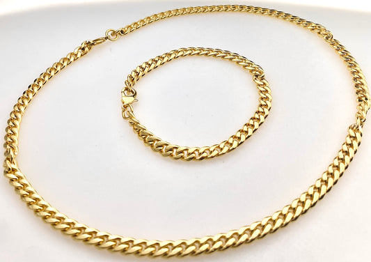 JEWELRY FASHION 18k Gold Electroplated Curb Link 6mm Chain and Bracelets Set with Box