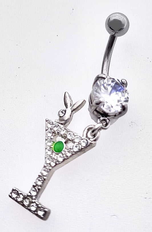 Playboy Belly Ring Hanging Emerald Champagne Glass with White Crystals
