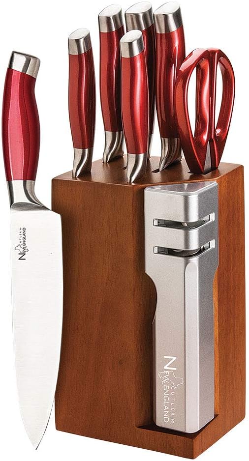 New England Cutlery 7- Piece Knife Block Set with Sharpener - Red