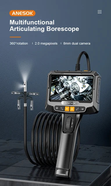 Anesok Multifunctional 1M Endoscope Snake 8mm Dual Camera 360 Degree 2 Ways Rotation 2MP 1080P Inspection Articulating Borescope