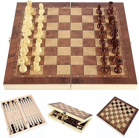 Chess Checkers and Backgammon Game Set Travel & Desktop 3-in-1 Wood Combination