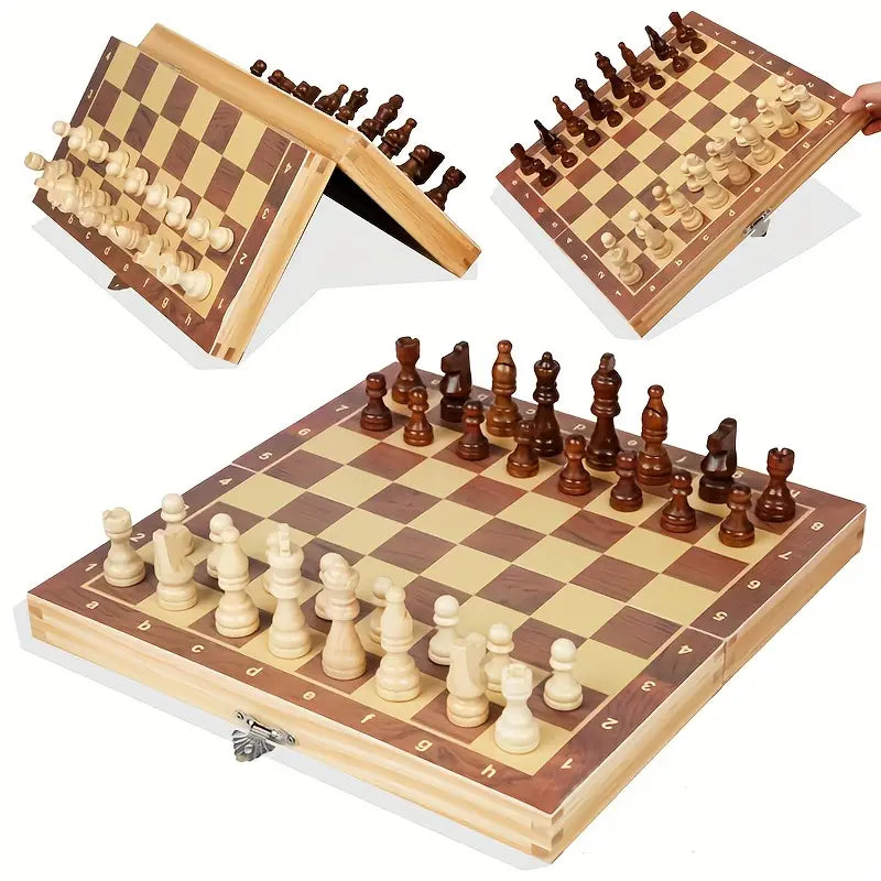 Deluxe 3-in-1 Wooden Chess Set with Checkers & Dual Lands - Includes Portable Folding Storage Box, Perfect for Travel, Family Game Nights & Social Gatherings