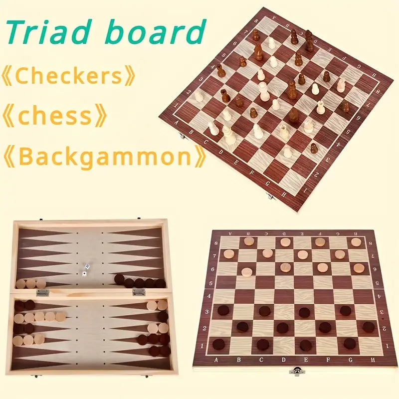 Deluxe 3-in-1 Wooden Chess Set with Checkers & Dual Lands - Includes Portable Folding Storage Box, Perfect for Travel, Family Game Nights & Social Gatherings