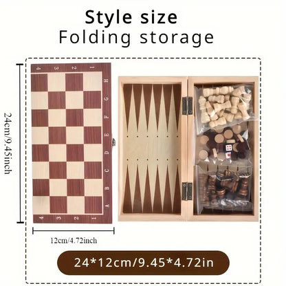 Deluxe 3-in-1 Wooden Chess Set with Checkers & Dual Lands - Includes Portable Folding Storage Box, Perfect for Travel, Family Game Nights & Social Gatherings