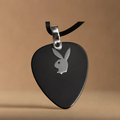 Playboy on a Black onyx Heart w/ Bunny Head and Black Leather chain