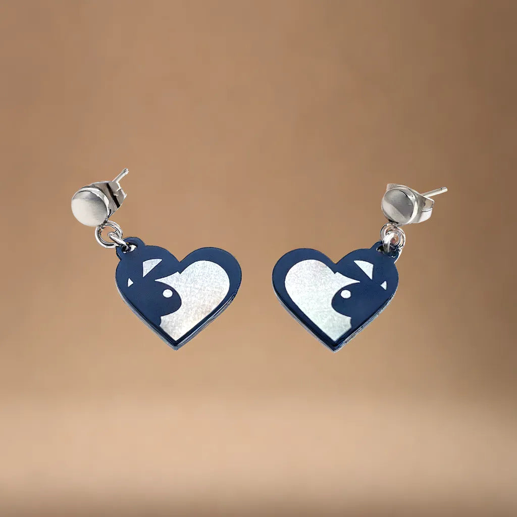 PLAYBOY DANGLING  EARRING BLACK AND GRAY HEARTS