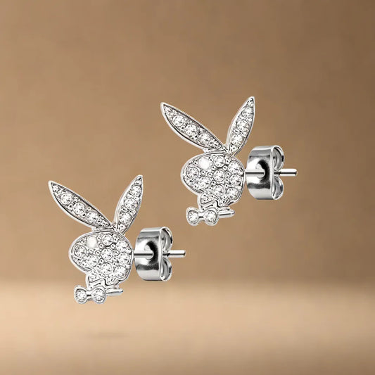 PLAYBOY BUNNY HEADS CRYSTAL EARRING POST PUSH BACK