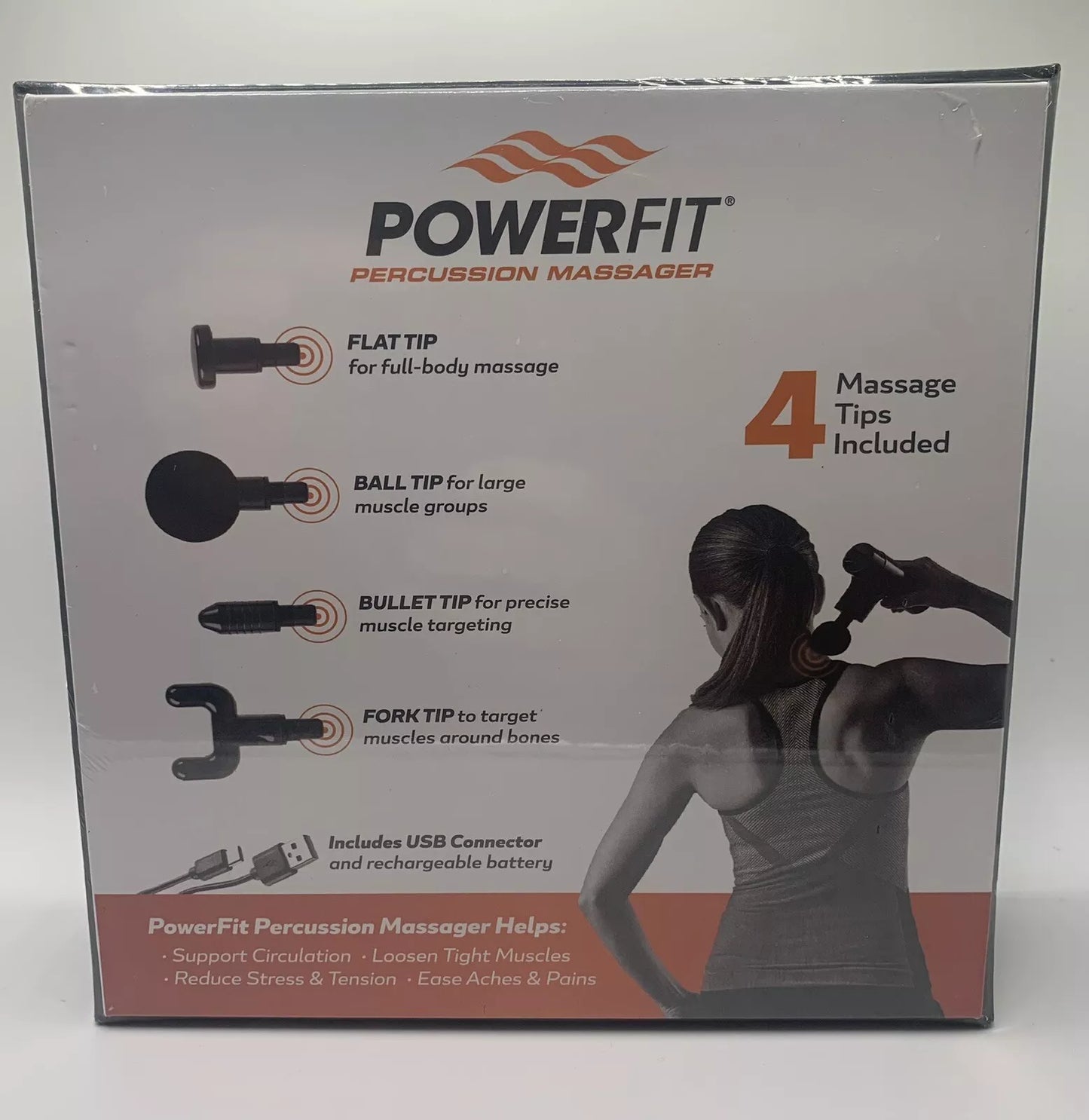 Powerfit MASSAGER Gun Deep Tissue Body Percussion Handheld 4 Tips 4 Settings