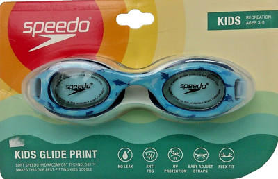 Speedo CB Kids' Glide Shark Print Swim Goggles Blue NEW Ages 3-8 No Leak New