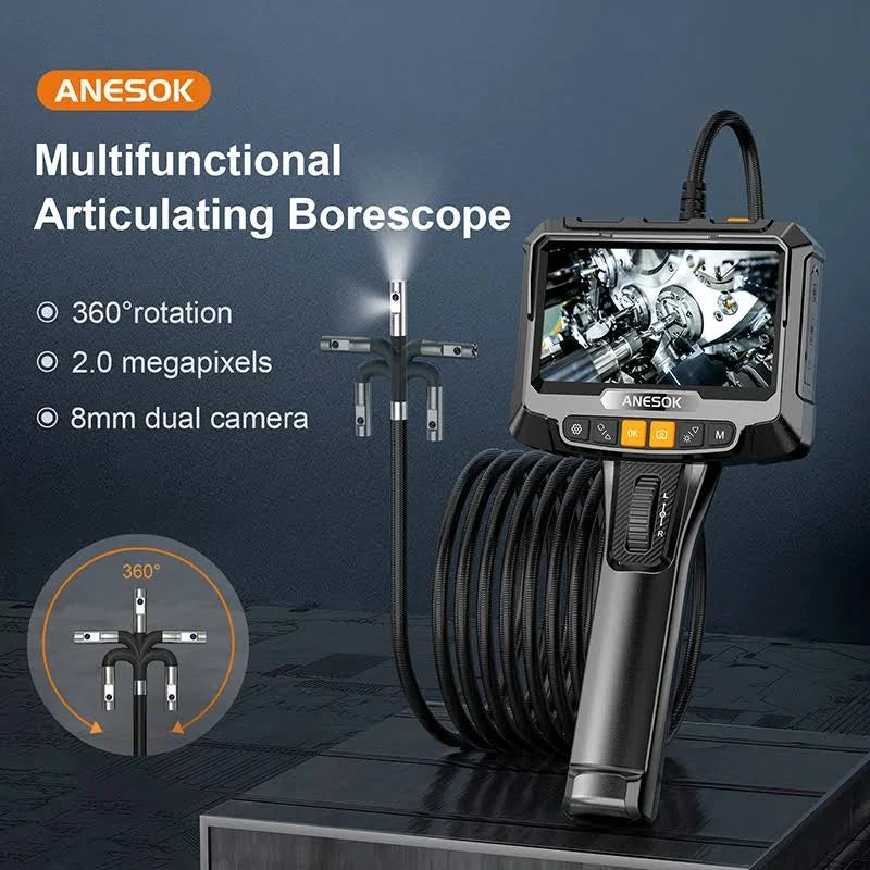 Anesok Multifunctional 1M Endoscope Snake 8mm Dual Camera 360 Degree 2 Ways Rotation 2MP 1080P Inspection Articulating Borescope