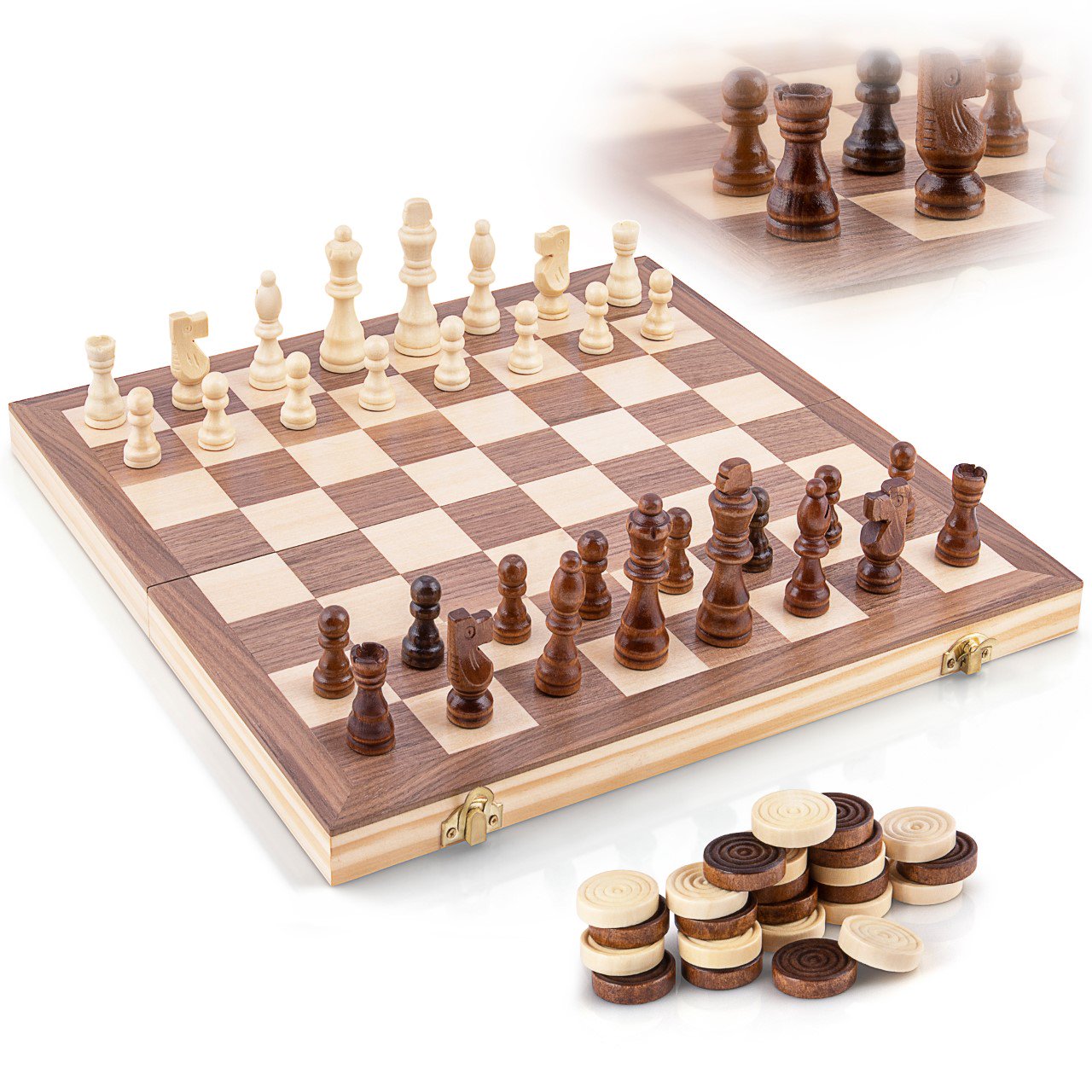 Desktop & Travel Wooden Folding Chess Set 11 inch  w/ 3 inch King Height Staunton Chess Pieces - Pine Box w/ Mahogany & Maple Inlay