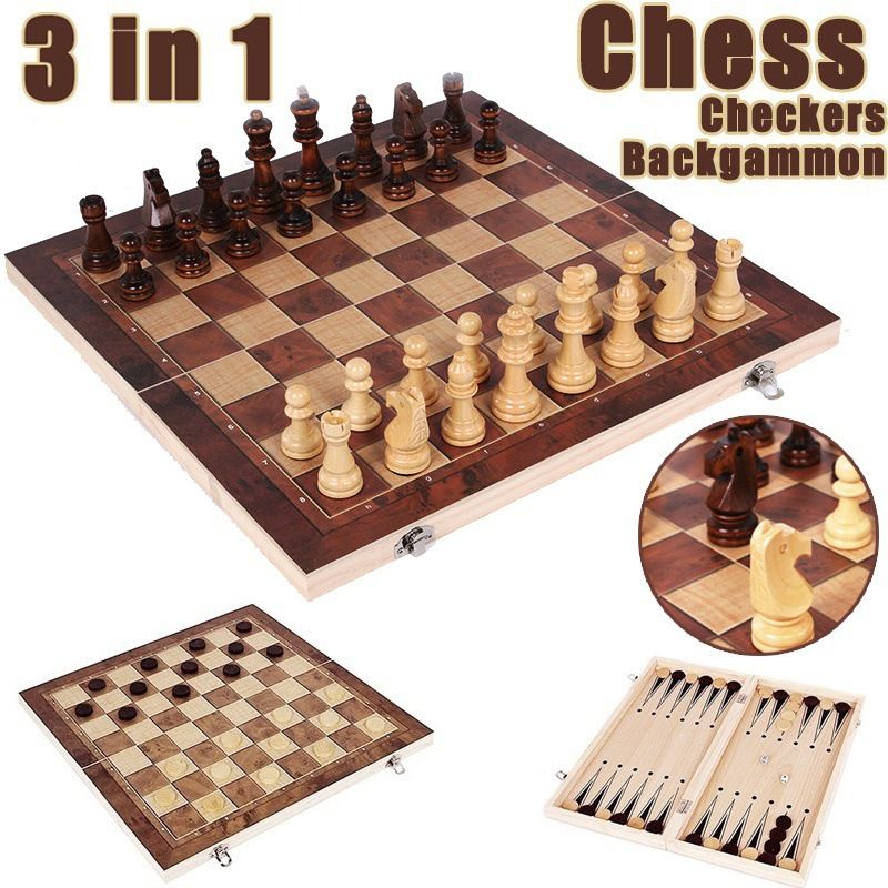 Desktop & Travel Wooden Folding Chess Set 11 inch  w/ 3 inch King Height Staunton Chess Pieces - Pine Box w/ Mahogany & Maple Inlay