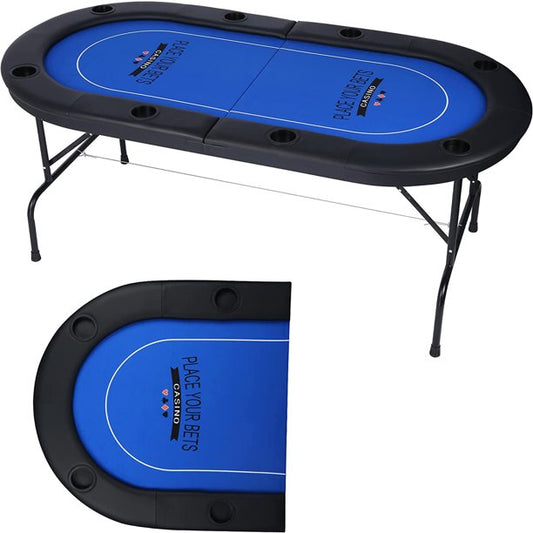 Casino High Quality Blue Felt Casino Style Poker Rec Room Game Table with Folding Metal Frame and Cup Holders for 8 Players
